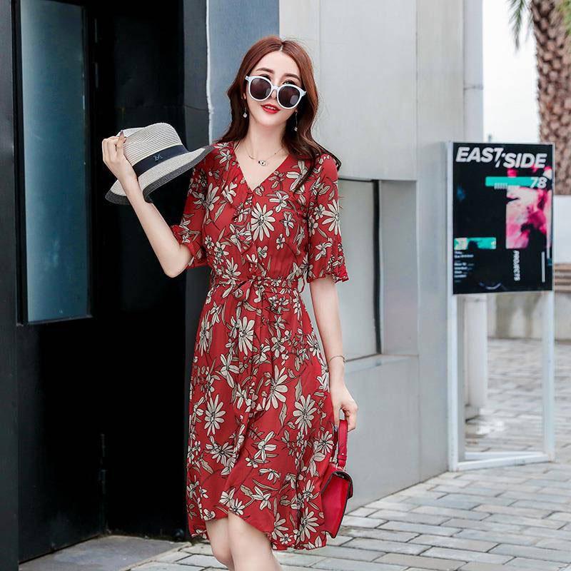 Fashion Summer Cotton Drawstring Dress Medium-length Floral Dress Belt Flare Sleeve Irregular Dress