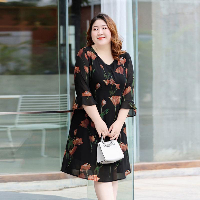 Women's Summer Dress  Chiffon Veil V-Round Neck Printing Large Size Over The Knee