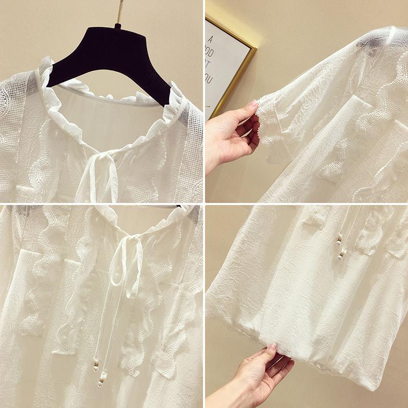 Chiffon Shirt Large Size Loose Women's Top Fashion Casual Hollow Lace Up Short Sleeve Top