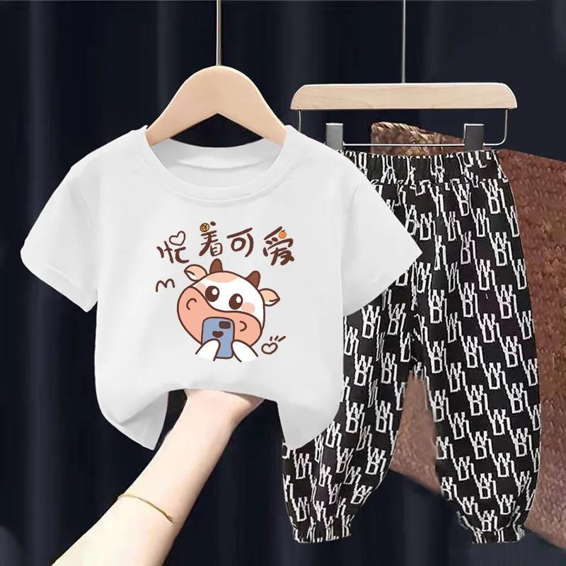 Summer Children's Short-sleeved Suit Boys' T-shirt Girls Middle and Small Children's Baby Cartoon Two-piece Suit