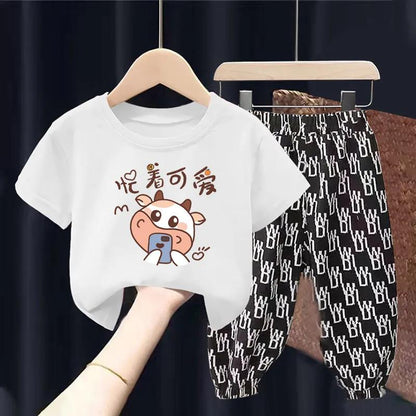 Summer Children's Short-sleeved Suit Boys' T-shirt Girls Middle and Small Children's Baby Cartoon Two-piece Suit
