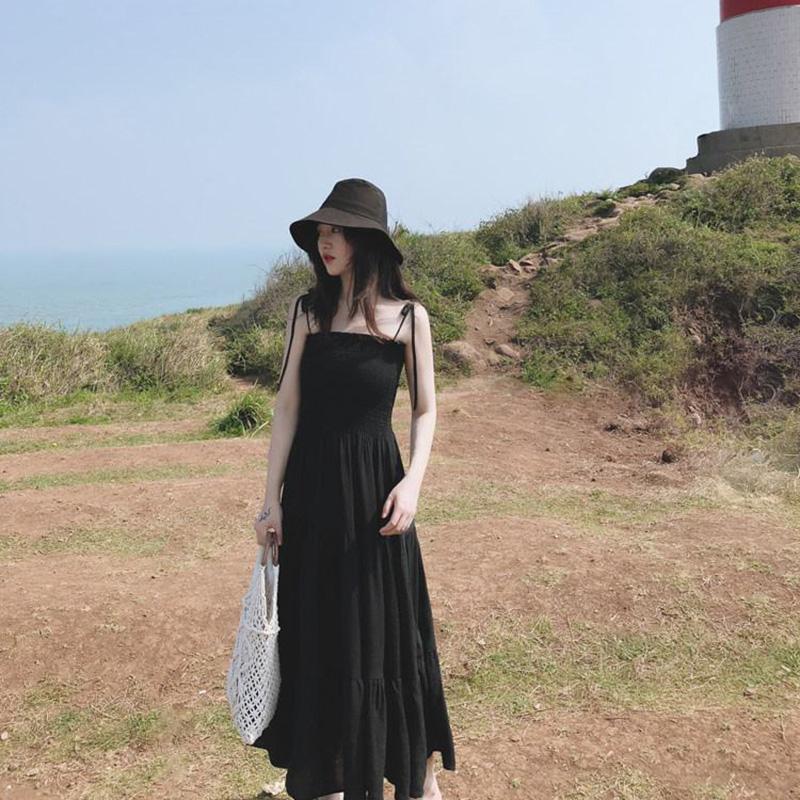 Summer Slim Sling One-shoulder Dress Women's Long Skirt Big Pendulum Little Black Dress Beach Holiday Dress Sexy Cute Dress