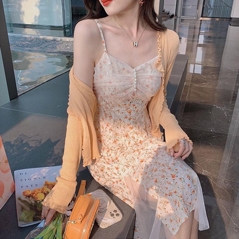 Floral Sling Dress Female Spring Summer Casual V-neck Sleeveless Mid-length Casual  Comfortable