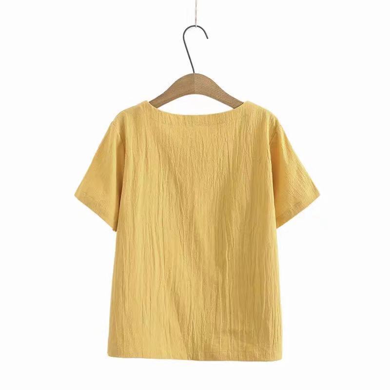 Cotton T-shirt Summer Literary Short-sleeved Women's Embroidered Large Size Stitching All-match Top