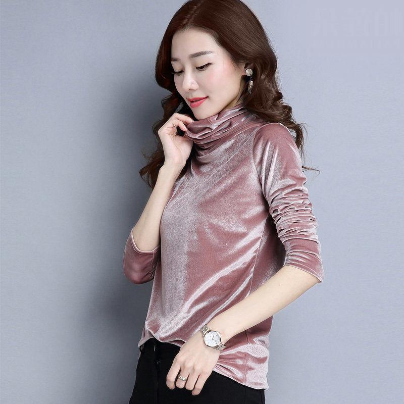 Autumn and Winter High-neck Women's Bottoming Shirt Fashion Gold Velvet Sweater with Long Sleeves Loose Blouse