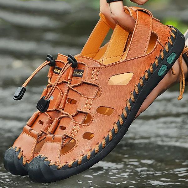 Men's Genuine Cowhide Leather Toe Sandals Outdoor Casual Sandals Beach Shoes Hole Sandals Roman Shoes Waterproof Sport Sandals