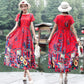 Women Ethnic Style Printed Dress Summer Loose Large Size Short-sleeved Literary Retro Waist Long Skirt