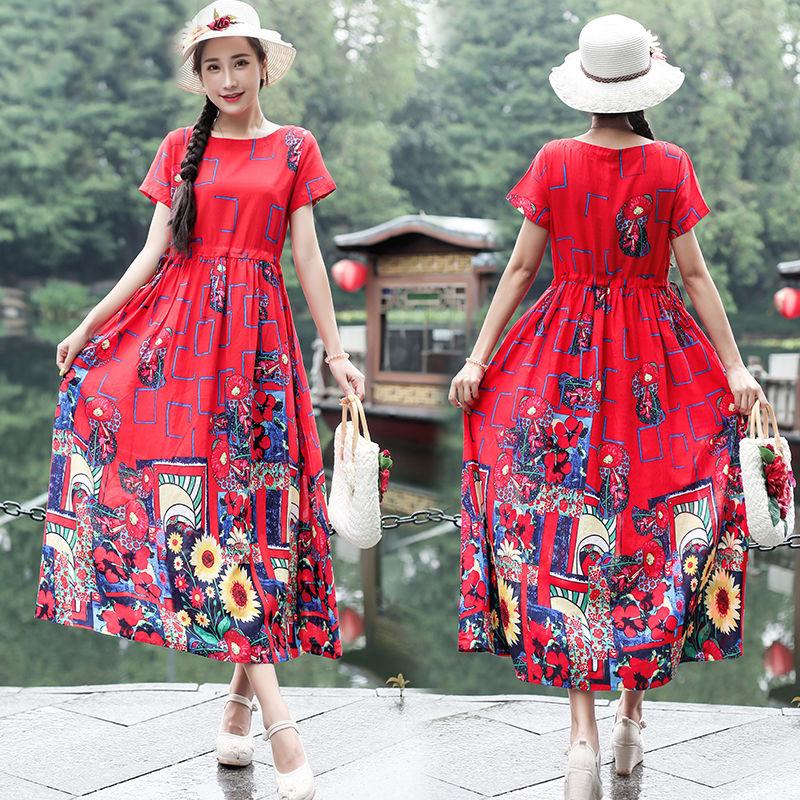 Women Ethnic Style Printed Dress Summer Loose Large Size Short-sleeved Literary Retro Waist Long Skirt