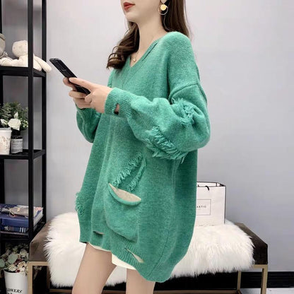 Spring and Autumn Ins Style Tassel Sweater Mid-length Loose Knit Jacket Pure Color Simple Female Top