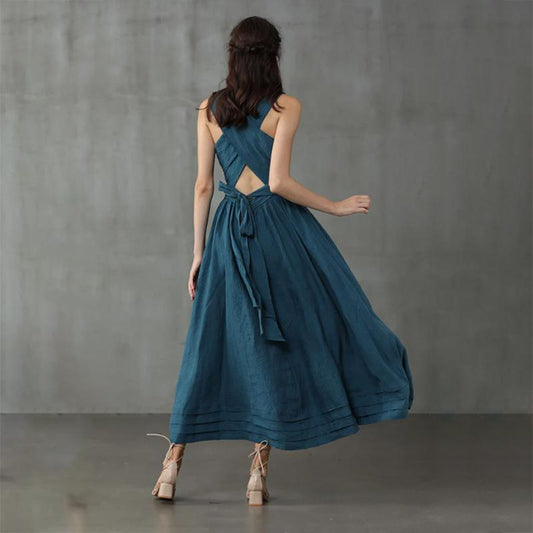 Cross Back Linen Dress, Drawstring Waist Slim Temperament Large Swing Skirt,maxi Dress, Sleeveless Dress, Layered Linen Dress, Apron Dress