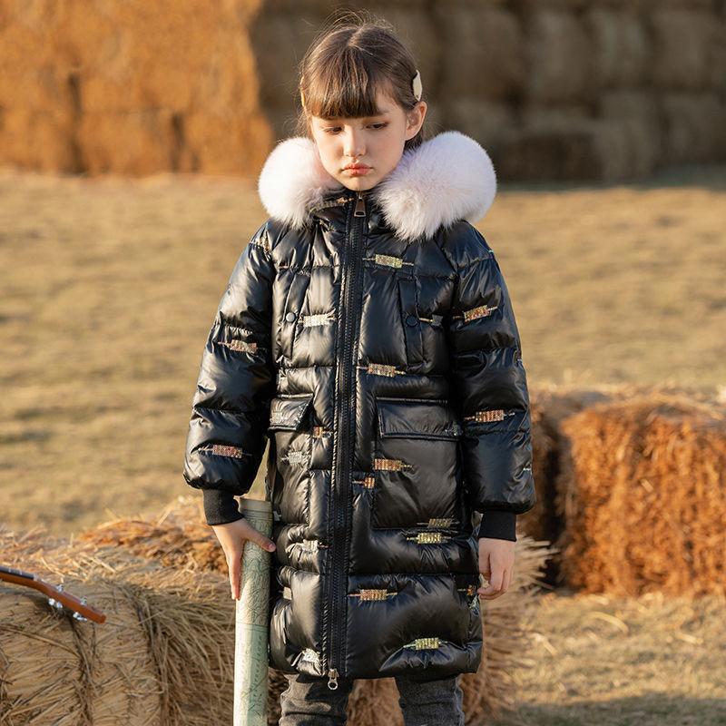 Girls' Warm Down Jacket Mid-length Shiny Winter Dress Thicken Plus Fleece Windproof Jacket