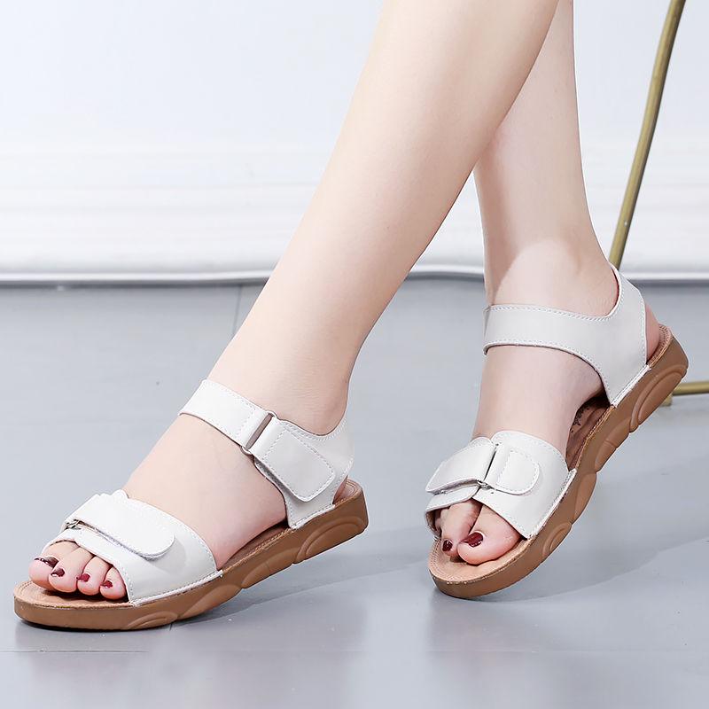 Soft Bottom Sandals Female 2020 Velcro Flat Bottom Students Korean Version of Beef Tendon Bottom Leather Flat Heel Sandals