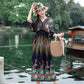 Ethnic Style Women's Print Mid-length Five-point Sleeve V-neck Loose Skirt Mom's Beach Holiday Skirt