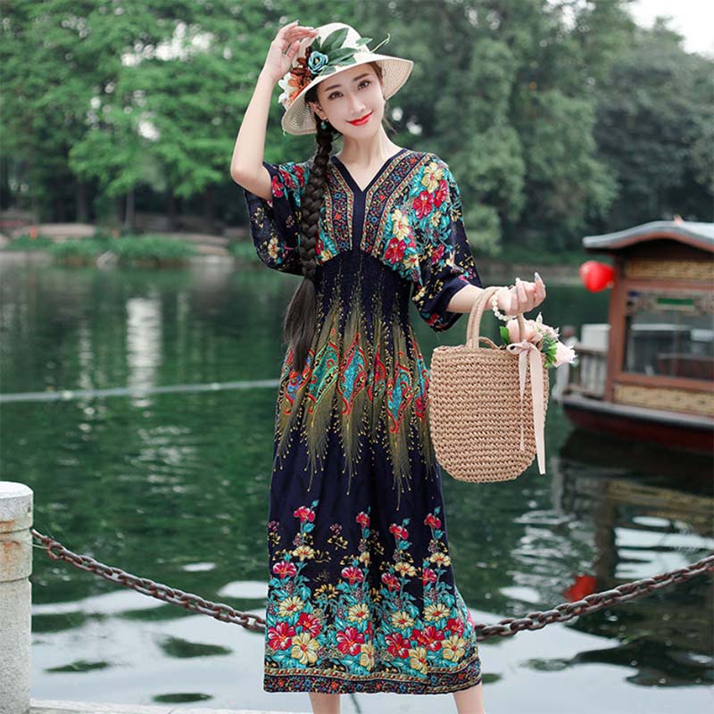 Ethnic Style Women's Print Mid-length Five-point Sleeve V-neck Loose Skirt Mom's Beach Holiday Skirt