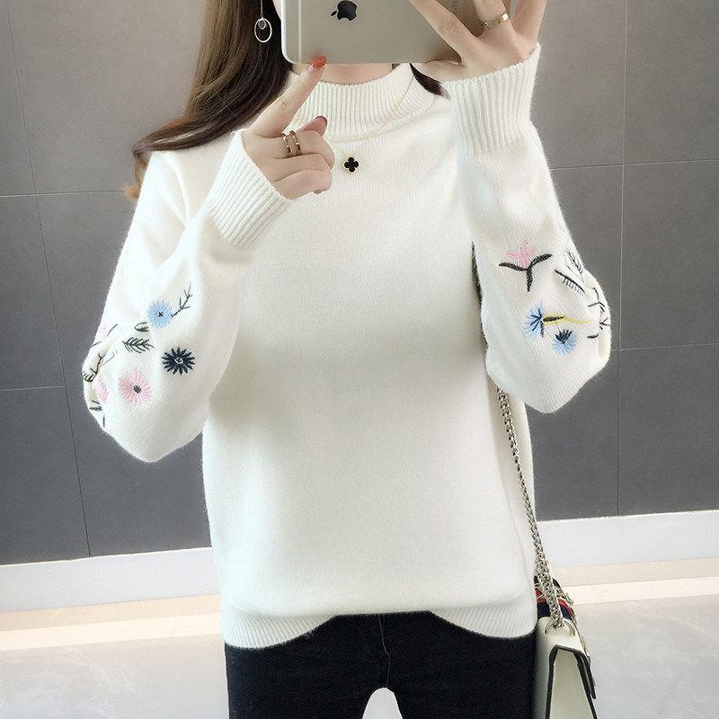Women pullover Knitted Sleeve Turtleneck Lady yellow Embroidered  Sweaters Top  Loose  Sweater coat