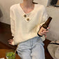 Women's V-neck Sweater Autumn and Winter Loose Outer Wear Lazy Style Solid Color Knit Sweater Pullover Mid-length Top