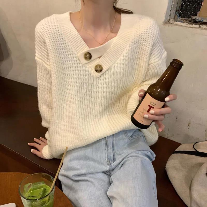 Women's V-neck Sweater Autumn and Winter Loose Outer Wear Lazy Style Solid Color Knit Sweater Pullover Mid-length Top