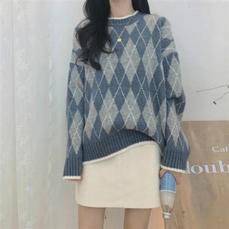 Pullover Plaid Sweater Long Sleeve Sweater Women Autumn and Winter Retro Net Red Loose
