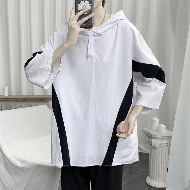 Three-quarter Sleeve T-shirt Summer Trend Color Matching Ins Student Large Size Hooded Short-sleeved Male Trendy Male Loose