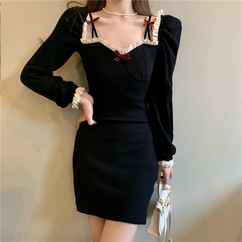 Girl Retro Elegant Temperament Waist Was Thinner Shoulder Lace Knitted Dress Autumn  Winter