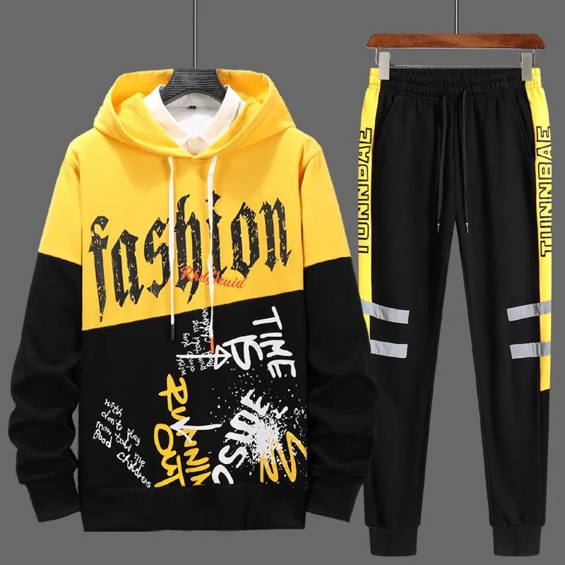WTEMPO Youth Men Sports Suit Spring Campus Hooded Sportswear Pullover Suits Casual Loose Clothing