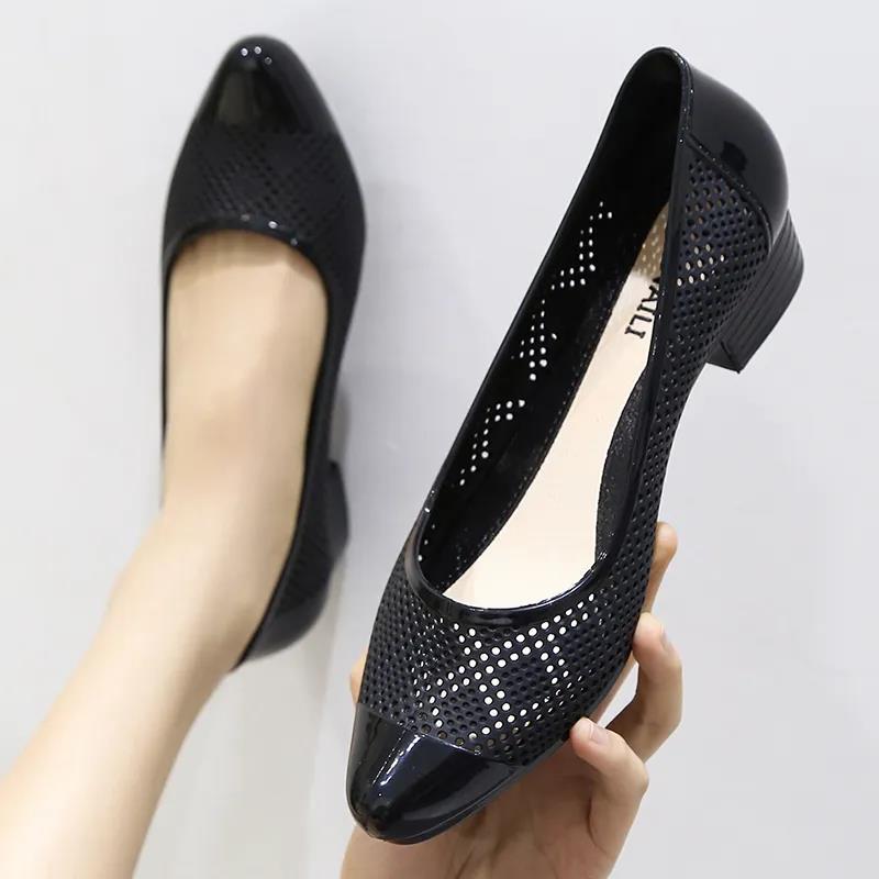 Women's Spring Summer Large Size Low Heel PVC Single Shoes Ladies Solid Color Hollow Breathable Casual Slip-on Shoes