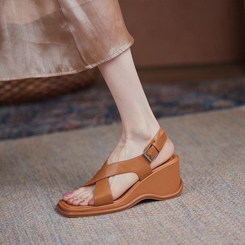 Wedge Sandals Women's Summer Sponge Cake Thick-soled Real Soft Leather Casual Style Summer Fashion High Heels