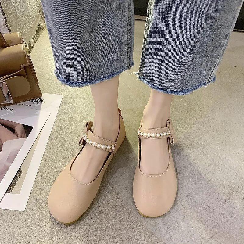 Women's Spring and Summer Gentle Fairy Style Flat Shoes Lazy Beanie Shoes Small Leather Shoes Lady Elegant Shoes