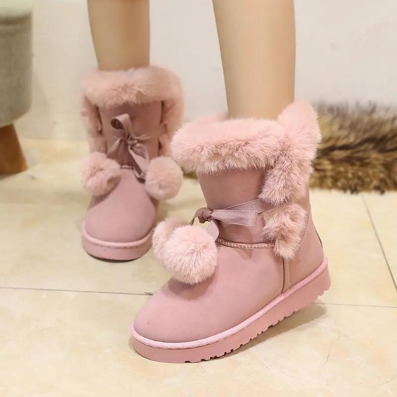 Winter Snow Boots Women's Mid-tube Cotton Boots Cotton Shoes Wool Ball Warm Women's Cotton Shoes