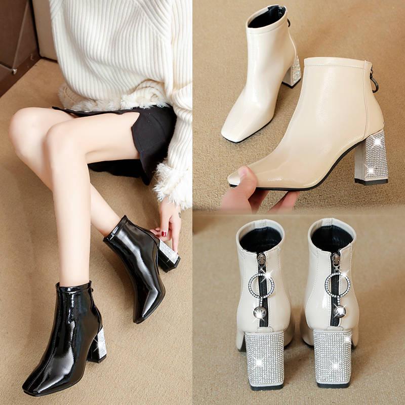 Fashion Women Martin Boots Zip Casual Boots Pointed Toe High Square Heel Warm Women Ankle Boots Size