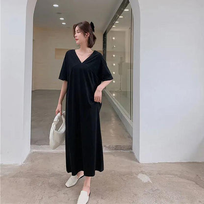 Large Size Slit T-shirt Dress Female Summer V-neck Loose Long Over-the-knee Open Back Long Dress
