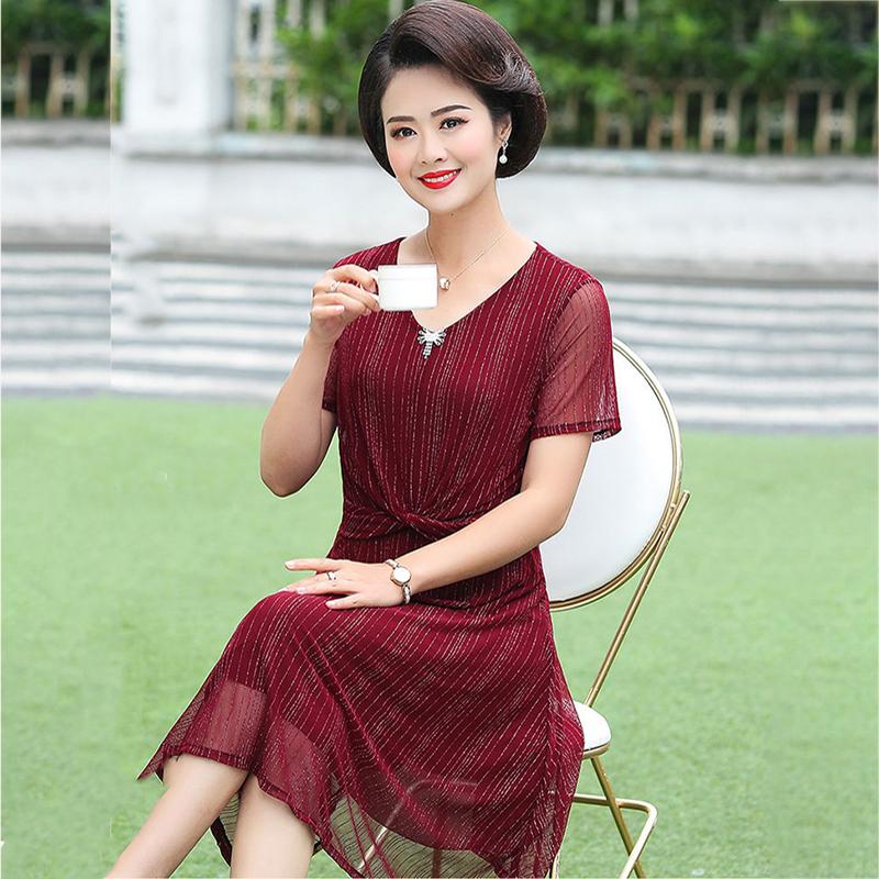 XL-XXXXXL Women's Summer Dress Middle-aged Mother Chiffon Veil Short Sleeve V-Neck Printing Mid-length Daily Wear