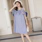 Pofulove Women Off Shoulder Striped Shirt Dress Office Lady Loose Thin Mid-length A-line Beach Skirt
