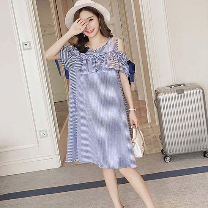 Pofulove Women Off Shoulder Striped Shirt Dress Office Lady Loose Thin Mid-length A-line Beach Skirt
