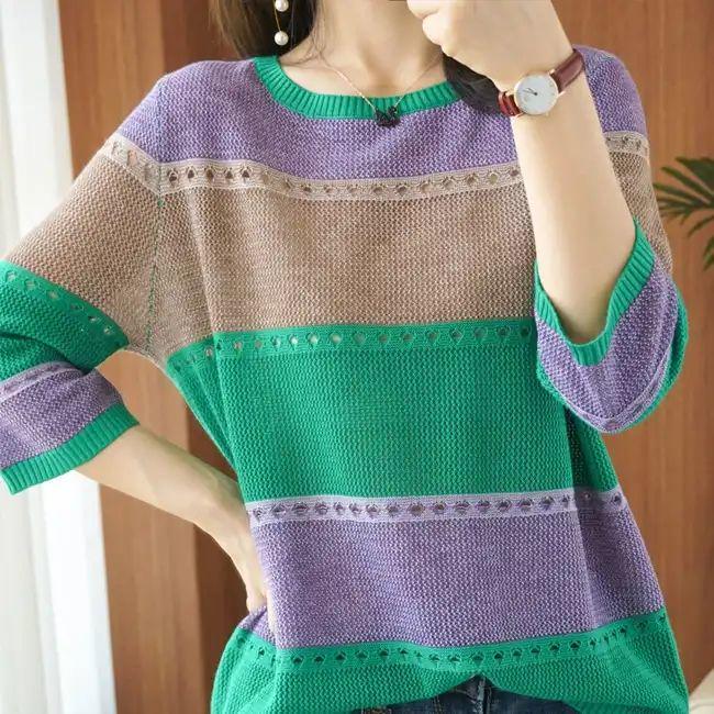 Thin Knit Sweater Half Sleeve Loose Striped Knitted Sweater Hollow Round Neck Pullover Sweater