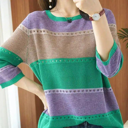 Thin Knit Sweater Half Sleeve Loose Striped Knitted Sweater Hollow Round Neck Pullover Sweater