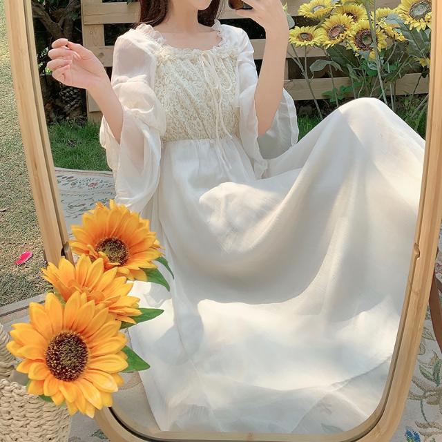 Female Vintage Super Fairy Sweet Chiffon Dress Slim Elegant Lace Quarter Sleeve Holiday Dress