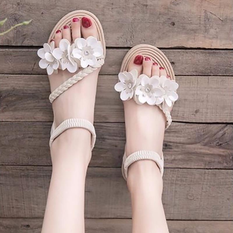 35-43 Large Size Fairy Shoes Flat-bottomed Gentle Flower Sandals Fashion Set Toe Slip-toe Beach Shoes