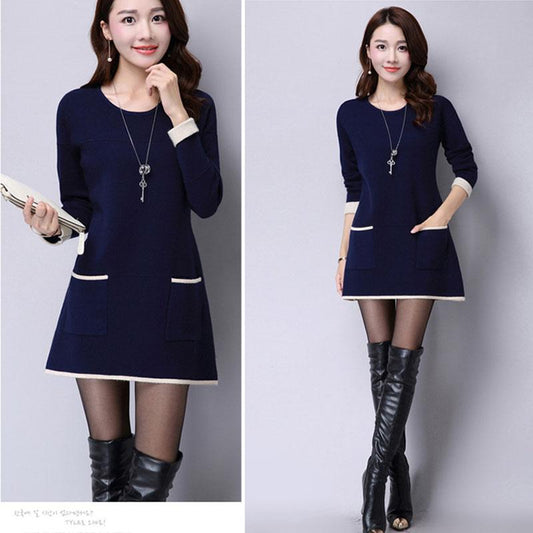 Autumn and Winter Long Round Neck Sweater Skirt Fashion Casual Knitted Bottom Skirt Simple Female Sweater Dress