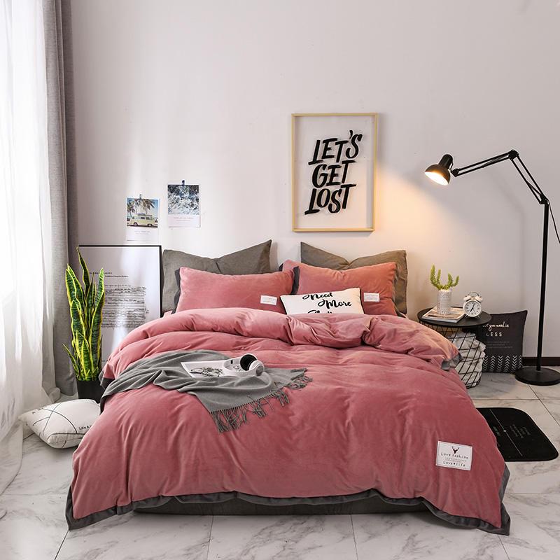 Cotton solid color wool fabric bedding set quilt cover sheet set pillowcase home four-piece