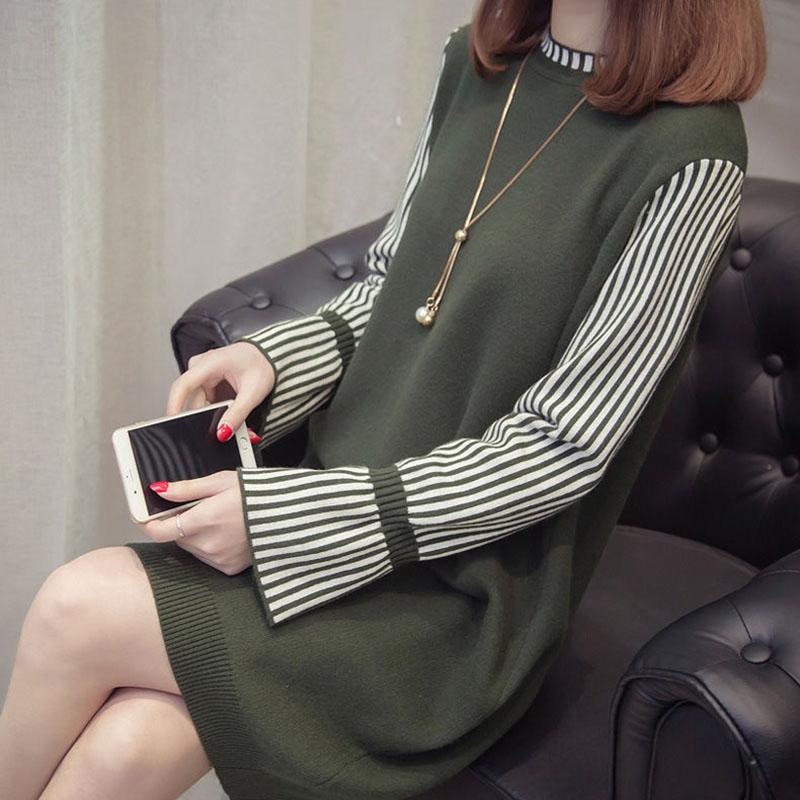 Autumn and Winter Loose Fashion Sweater Dress Mid-length Trumpet Sleeve Pullover Base Skirt Simple Casual Women Sweater Dress