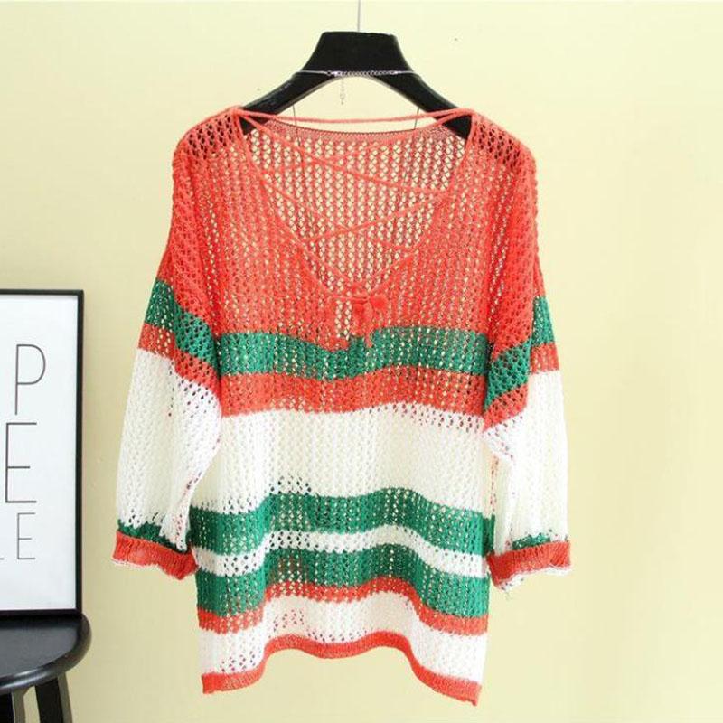 Loose Ice Silk Sunscreen Tops Thin Hollow Knitted Blouses Women's Casual Tops Personality Hollow Color Matching Sweet Pullovers