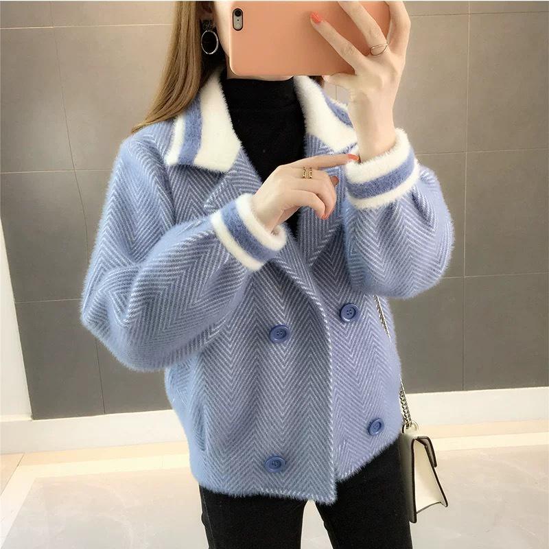 Autumn and Winter Fashion Jacket Short Lazy Style Long-sleeved Sweater Lapel Coat Women