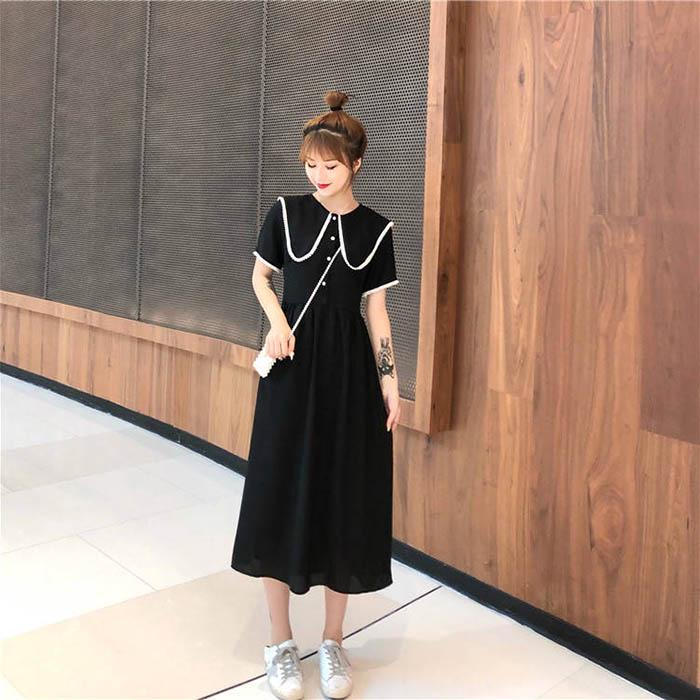Pofulove S-4XL Women Plus Size O-neck Black Dress Loose Slim Sweet Short-sleeved Cheongsam Dress