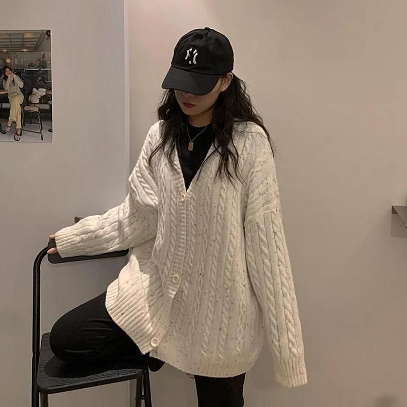 Autumn and Winter Women's Outer Wear Warm Sweater Casual Loose Thick Retro All-match Korean Twist Knitted Cardigan