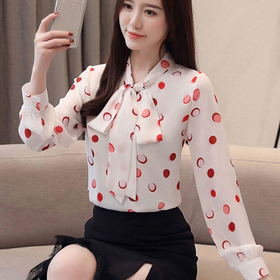Korean Women's Long-sleeved Chiffon Shirt Lace-up Bow Women Blouse Lady Long Shirt Plus Size Casual Women Chiffon Blouse Puff Sleeve Blouse