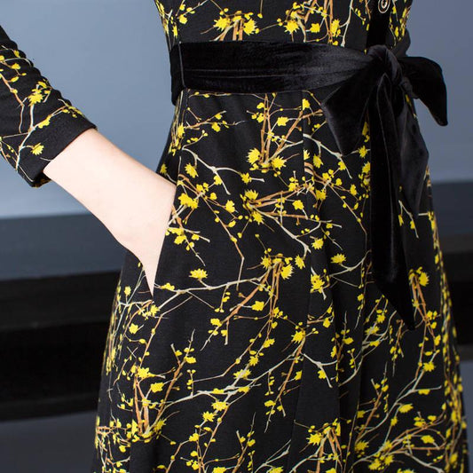 High Elastic Waist Vintage Dress A-line Style Women Full Sleeve Flower Print Dresses Slim Dress