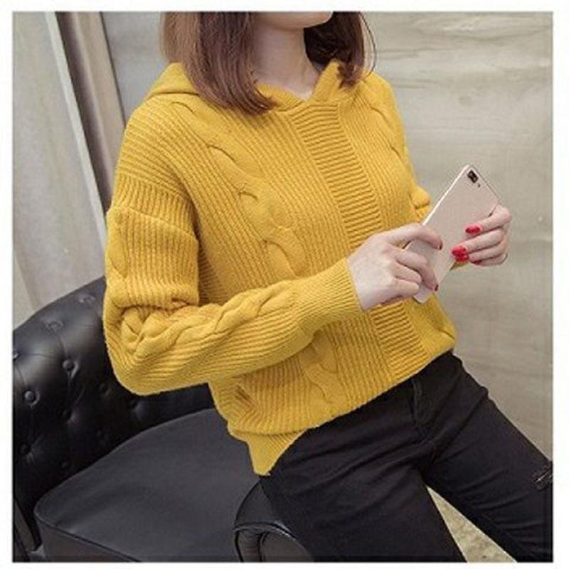 Sweater Women Autumn Winter V-Neck Black Hooded Sweater Long Sleeve Pullover Knitted Sweater