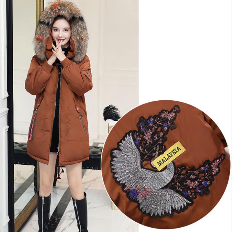 Women's Solid Color Embroidered Down Jacket Mid-length Korean Style Loose Thick Coat Warm Cotton Coat Large Fur Collar Winter Quilted Jacket