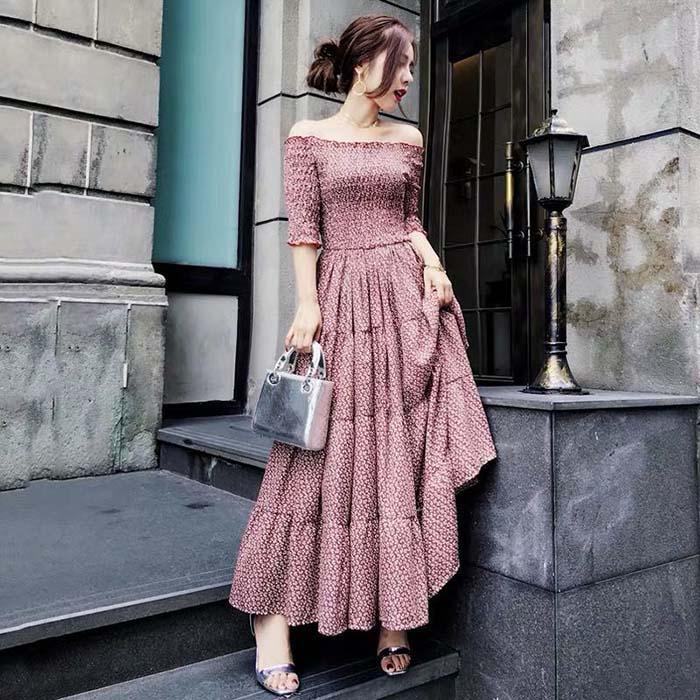 Women Off Shoulder Floral Camisole Dress Short-sleeved Long A-line Vacation Beach Dress